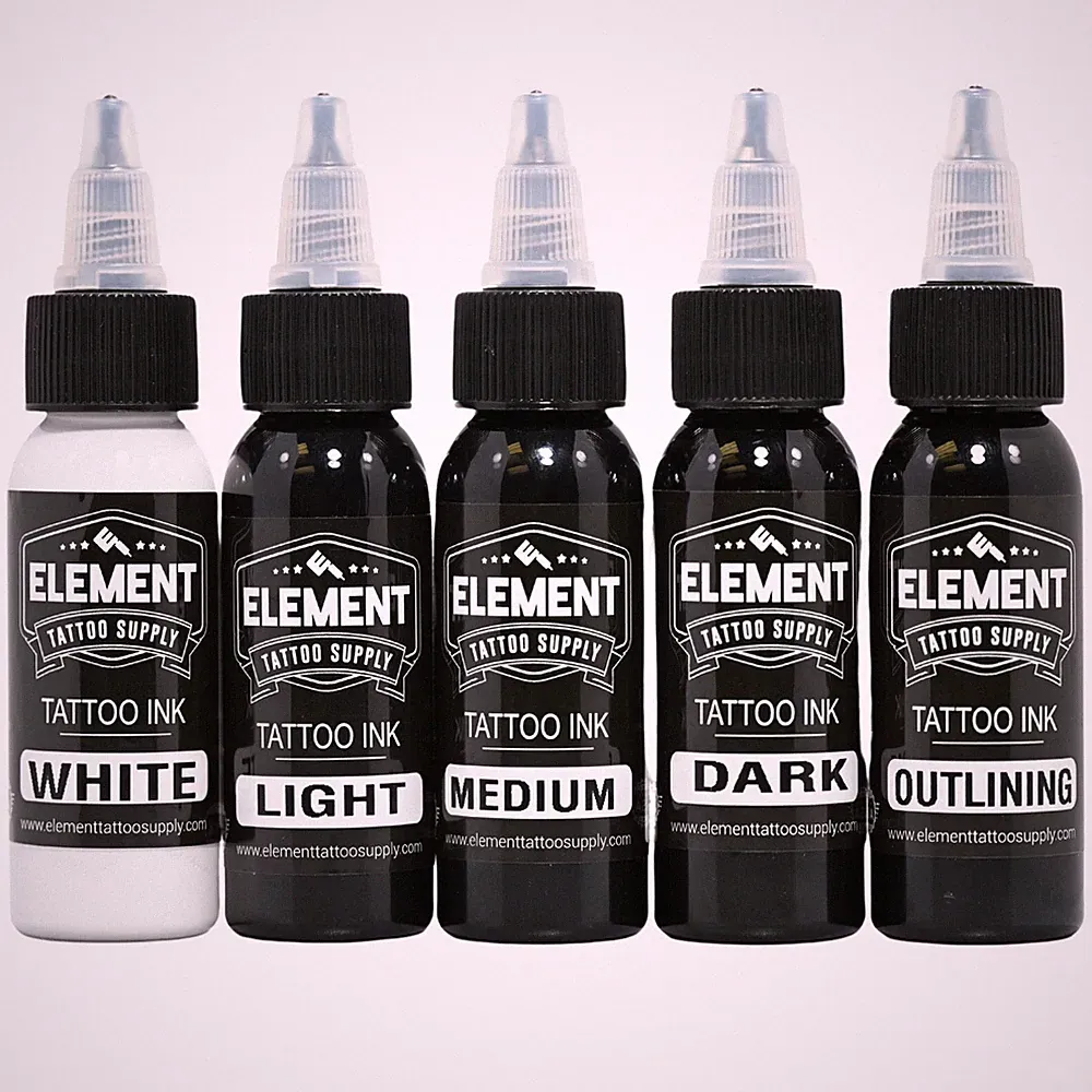 Tattoo Ink Set 1oz Greywash Light Medium Dark White Black Element Tattoo Supply
